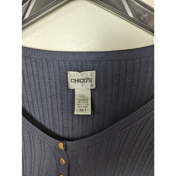 Chico's Size 3 Pullover Knit Sweater Vneck Snap accent Long Sleeve Navy … - Picture 7 of 11